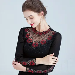 Autumn Long Sleeved Embroidery Women's T-Shirt Elegant Slim Hot Diamond Mesh Tops M-4XL Black Tees