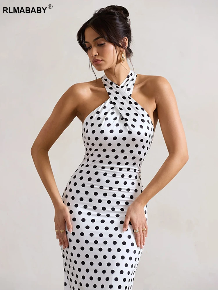 RLMABABY Elegante Polka Dot Backless Vrouwen Bodycon Maxi Jurk Sexy Halter Uitgesneden Mouwloze Party Hotti Meisje Lange Slanke Jurk