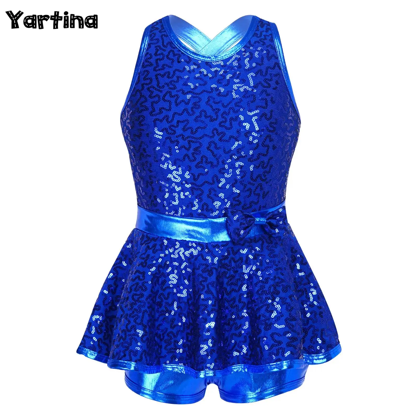 

Kids Girls Sequins Ballet Jersey Tutu Latin Jazz Dance Leotard Dress Criss-Cross Back Artistic Figure Skating Unitard Dress