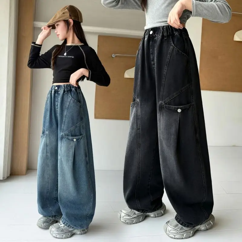 Front Pocket Buttoned Work Pants for Girls 2026 Spring Autumn Fashion Wide Leg Pant Casual Loose Denim Pant