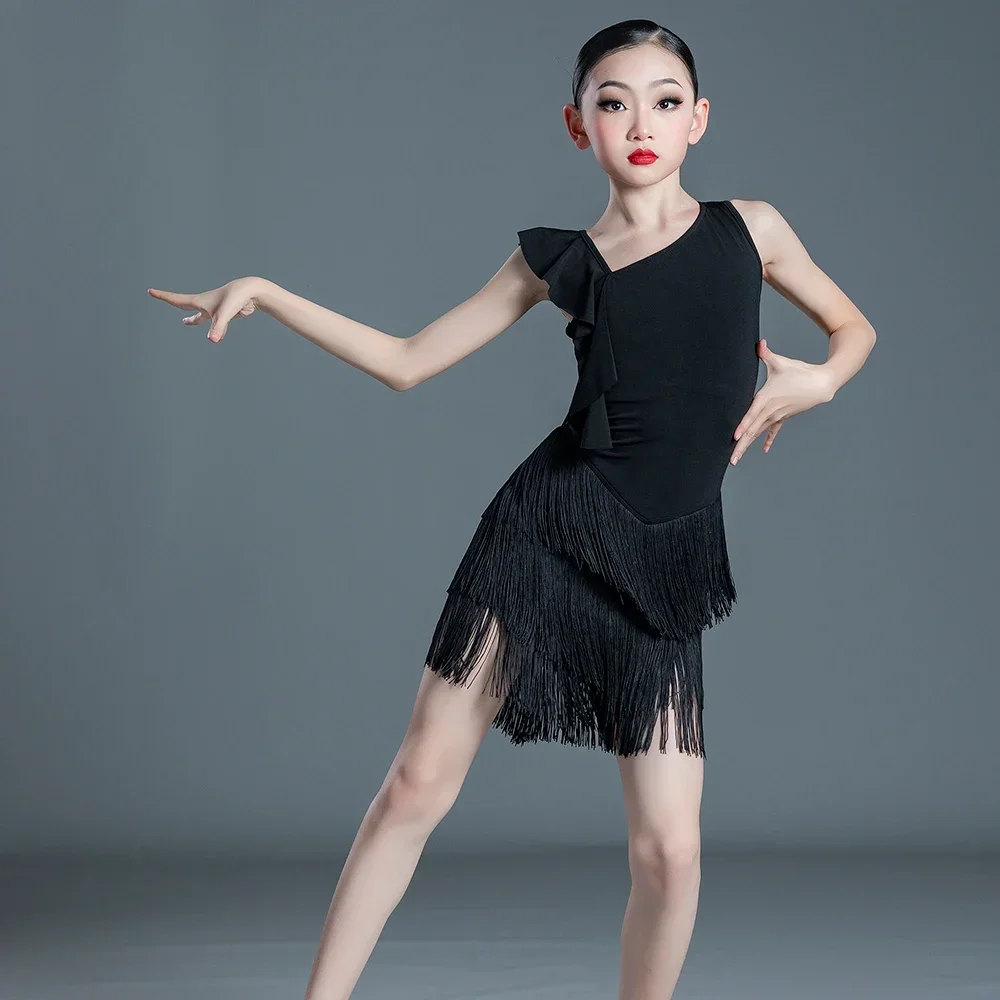 Children Kids Latin Dance Dress for Girls Black Fringe Salsa/Ballroom/Tango/Cha Cha/Rumba/Samba/Latin Dresses Competition Dance