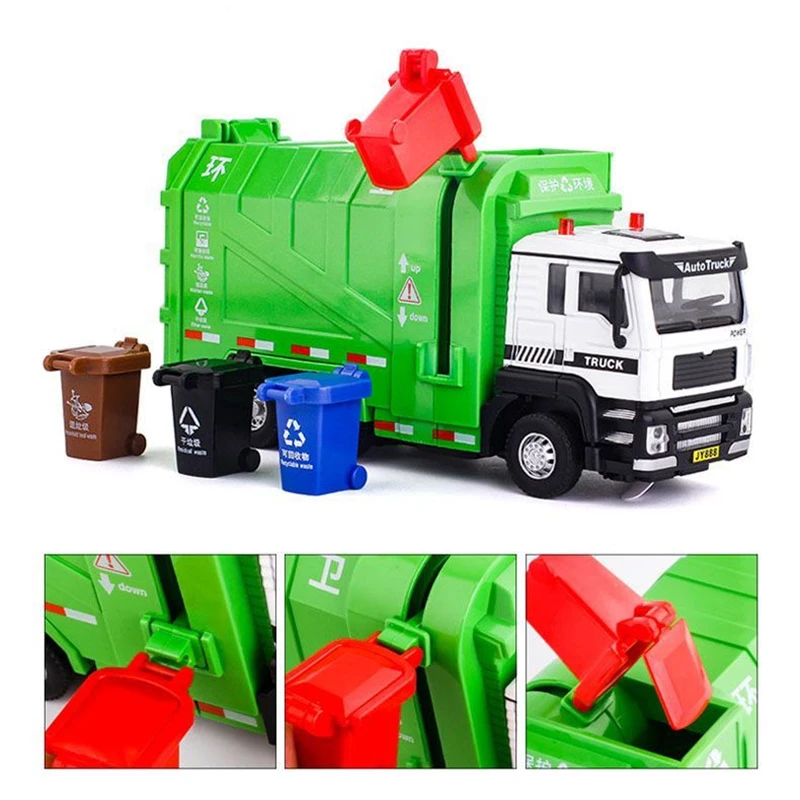 1/32 City Garbage Truck Car Model Diecast Metal Garbage Sorting Sanitation Vehicle Car Model Sound and Light Childrens Toys Gift