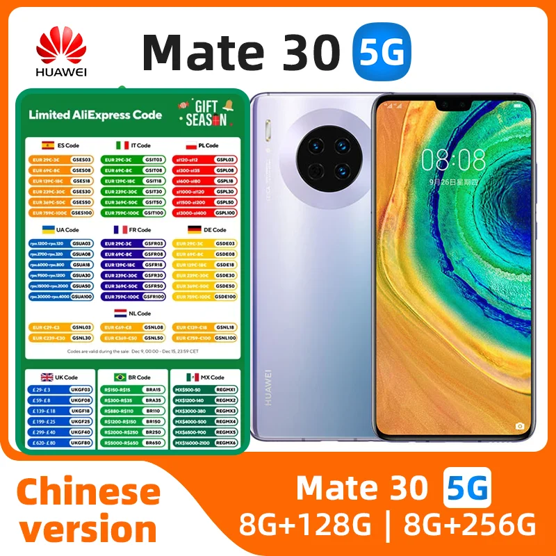 HUAWEI Mate 30 Smartphone 5G 40MP+24MP Camera 6.62 inch 256GB ROM 8GB RAM Mobile phones HarmonyOS 4200mAh NFC used phone