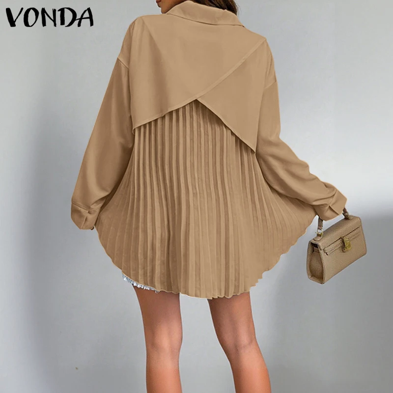 

VONDA Elegant Women Long Sleeve Shirts Fashion Blouse 2026 Spring Lapel Back Pleated Office Lady Tops Tunic Solid Female Blusas