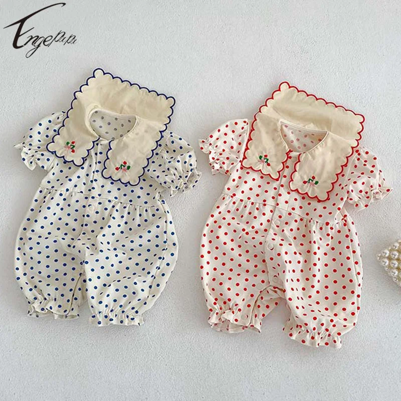 

0-2Yrs Newborn Baby Girls Dot Rompers Toddler Baby Girls Short Sleeves Rompers Jumpsuit Korean Style Girls Flowers Bodysuit