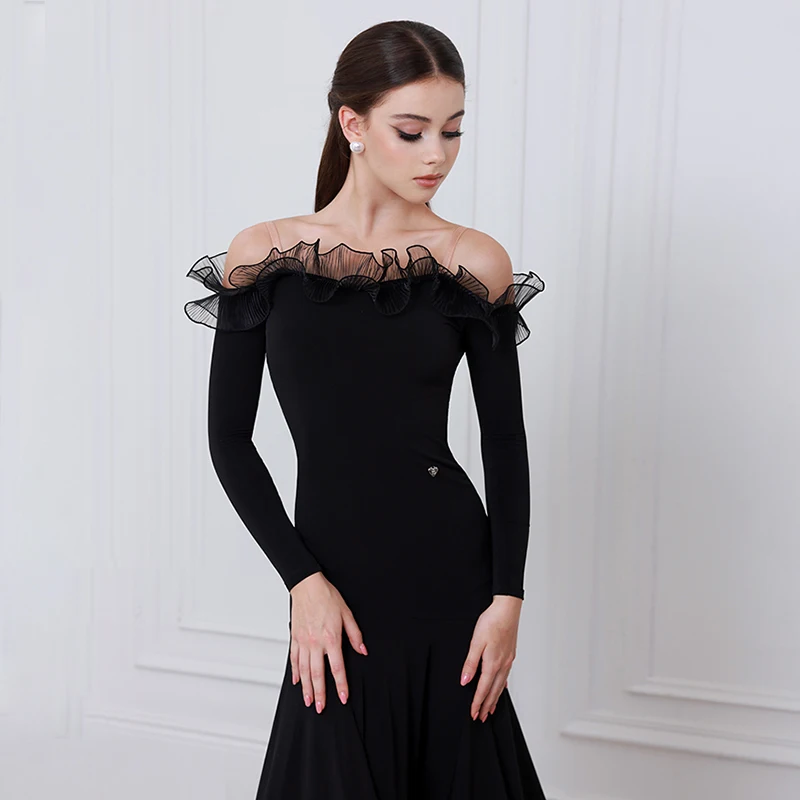 Strój do tańca standardowego 2025, walc, strój konkursowy damski, odkryte ramiona, czarna sukienka do tańca towarzyskiego, sukienki na zawody AMY2430