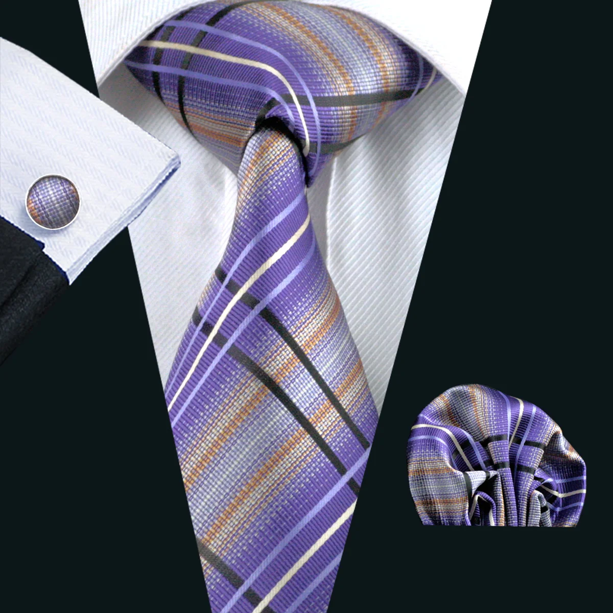 Purple Plaid Men Wedding Tie Silk Necktie For Men Gifts Handkerchief Cufflink Tie Set Barry.Wang Fashion Accessories FA-0457