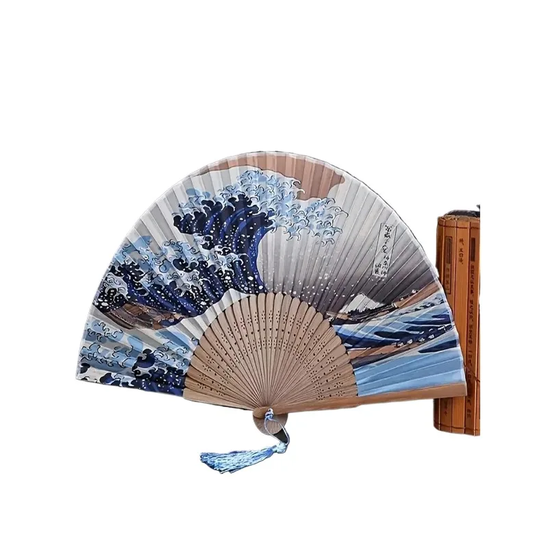 1pc, ventilateur pliant japonais fait à la main décoratif vague Kanagawa ventilateur pliable ventilateurs à main Vintage pour les femmes Portable pliant F