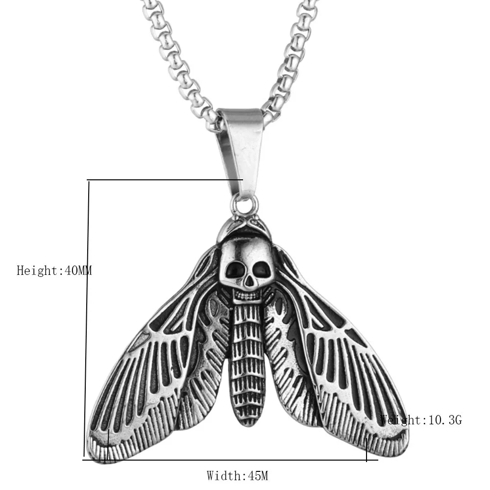 Punk Death Moth Skull Charm Pendant Stainless Steel Waterproof  Insect Moth Necklace for Men Goth Dark Aesthetic Jewelry Gift