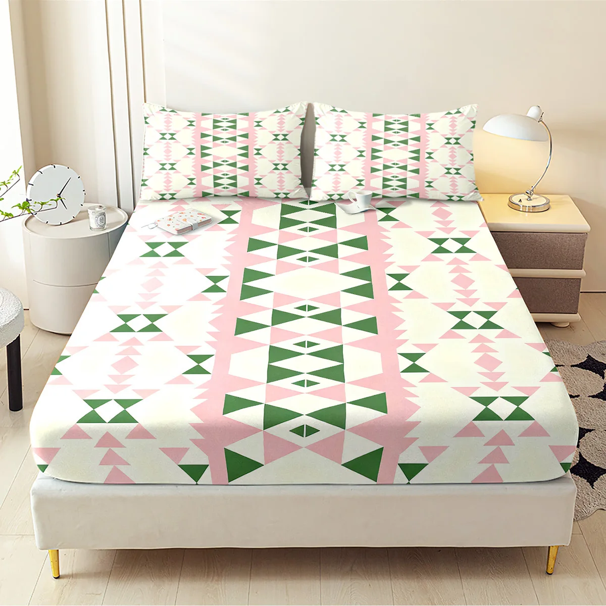 Geometric triangle fitted sheet set, all-season decorative mattress cover, animal pattern mattress protector, 2D printed bedding set, mattress protector, fitted elastic style, protective cover, mattress protector, cake and cookie design suitable for all seasons, machine washable design, holiday decoration, various sizes, breathable protective cover with pillowcase