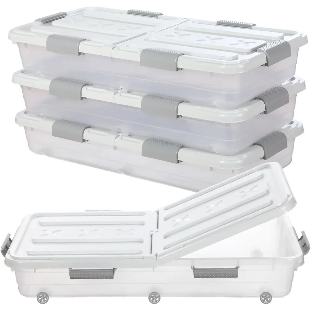 

Большие прозрачные пластиковые штабелируемые контейнеры для хранения с двойными крышками и колесами для организации спальни и шкафа, 31,5x15,8x5,2