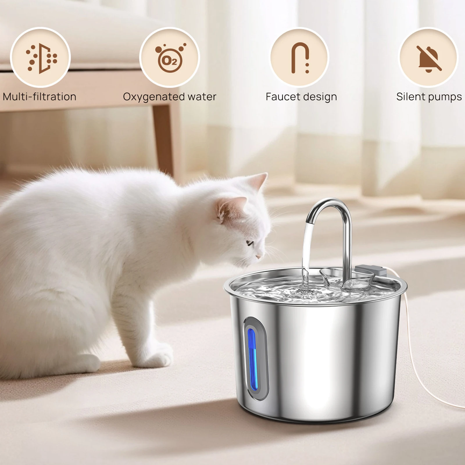 2,2 l Katzen-Wasserbrunnen, Katzen-Wassertrinker aus Edelstahl, elektrischer Katzen-Wasserspender, 3 – Filtration, LED-Licht und extrem leise