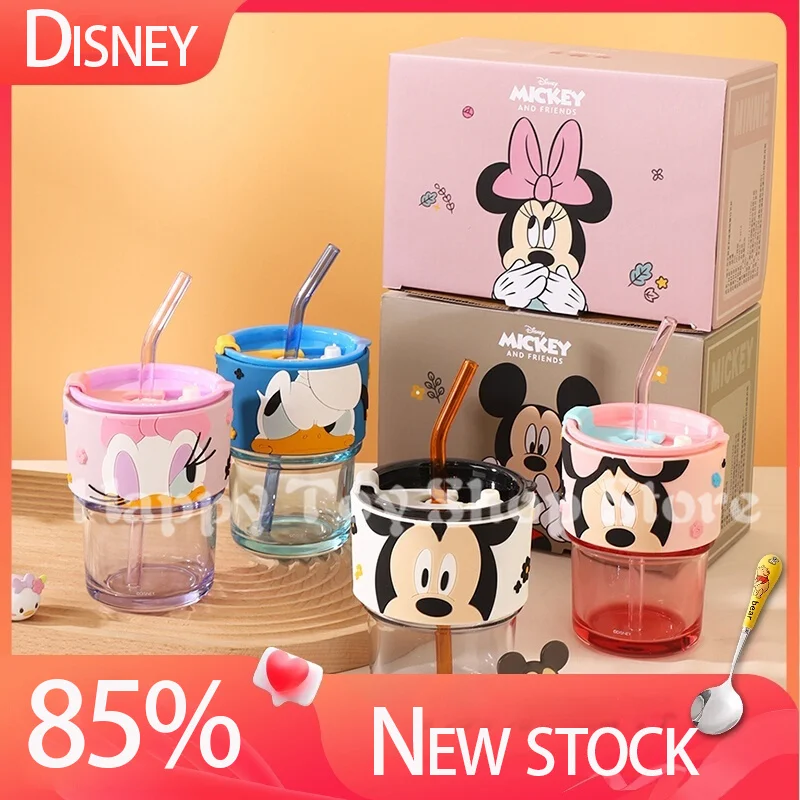 New 2024 Disney Mickey Minnie Mouse Kawaii Water Bottle Cute Daisy Lotso Winnie Glass Cup with Straw Double Glass Double Glass