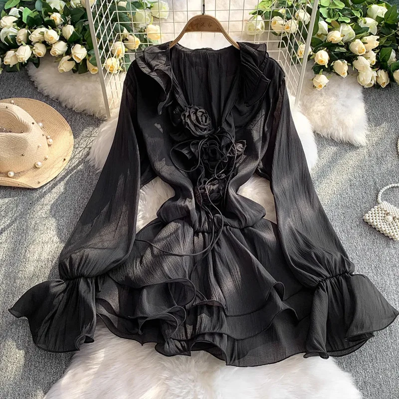 Robe courte à volants de Style français, Mini robe élégante à lacets, motif Floral 3D, décolleté en v profond, robe féerique, manches évasées, rose pour femmes