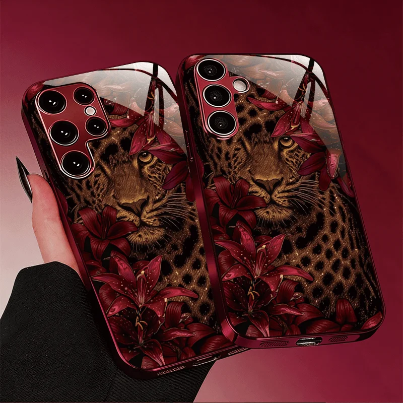 Red Lily Flower Design Phone Case for Samsung Galaxy S26 S25 S24 S23 S22 S21FE Ultra Plus Electroplated Glass Hard TPU Shell