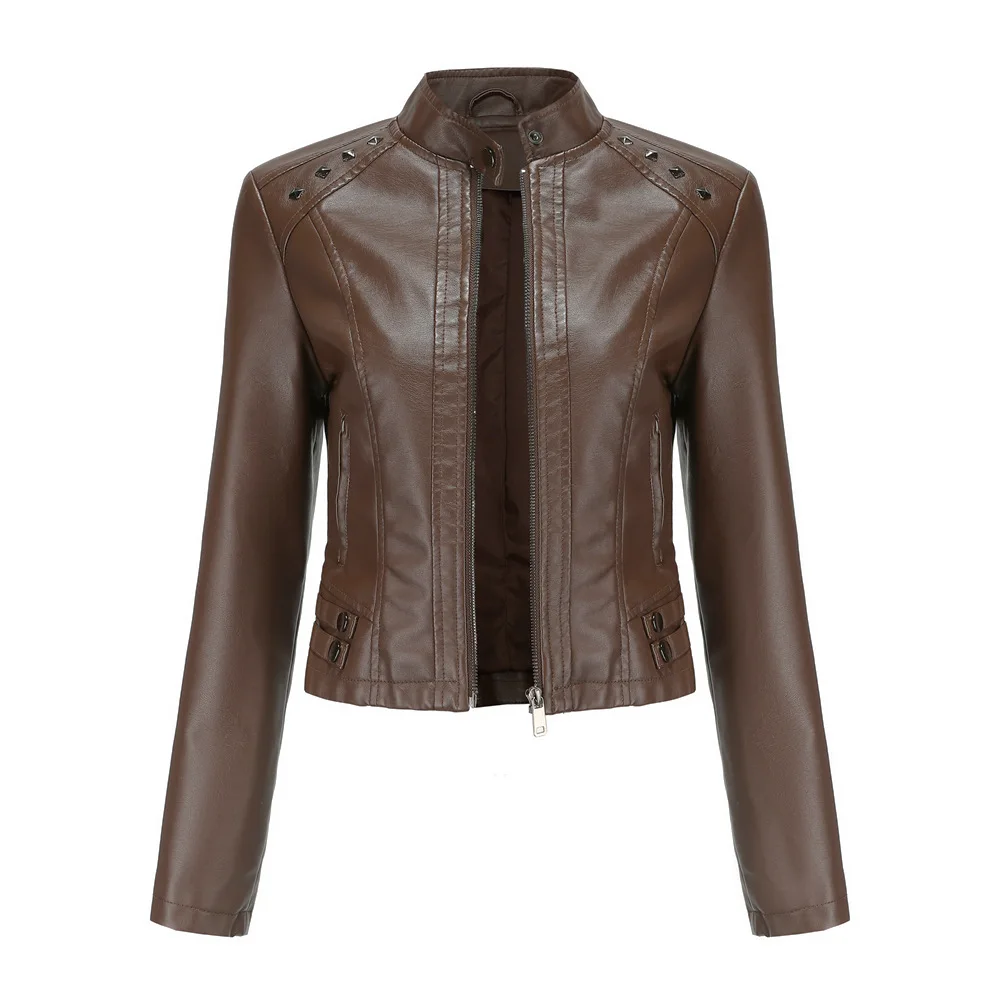 Women's Long Sleeved Rivet Leather Coat, Motorcycle Jacket, Pu Stand Collar, Spring and Autumn Fashion, New Leather jacket