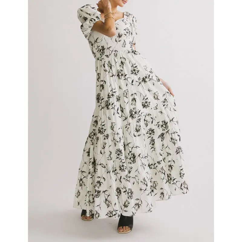 Combhasaki femmes été décontracté froncé chérie col en v smocké imprimé fleuri manches courtes bouffantes fête fluide a-ligne longue robe