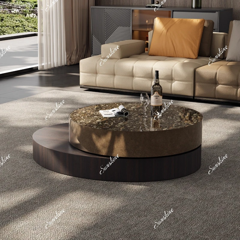 Natural luxury stone round coffee table platinum diamond marble, rotating coffee table combination