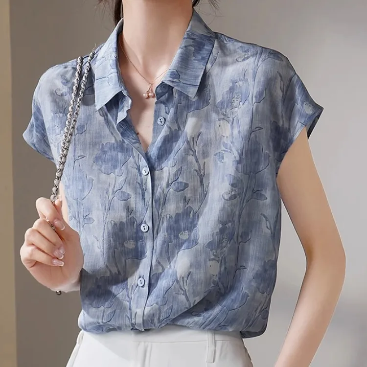 

Свободные тонкие женские повседневные товары премиум-класса с синим принтом Fashion Outlet Store из полиэфирного волокна ort Sve Collar