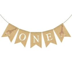 ONE Burlap Banner Giraffe Swallowtail Flag Hanging Garland for 1st Birthday Kids Baby Shower Party Decorations Supplies