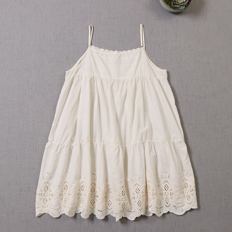 Japanese Sweet Mori Girl Embroidery Hollow Out Spaghetti Strap Dress Women Sleeveless Casual Loose Cotton Mini Dress Underdress