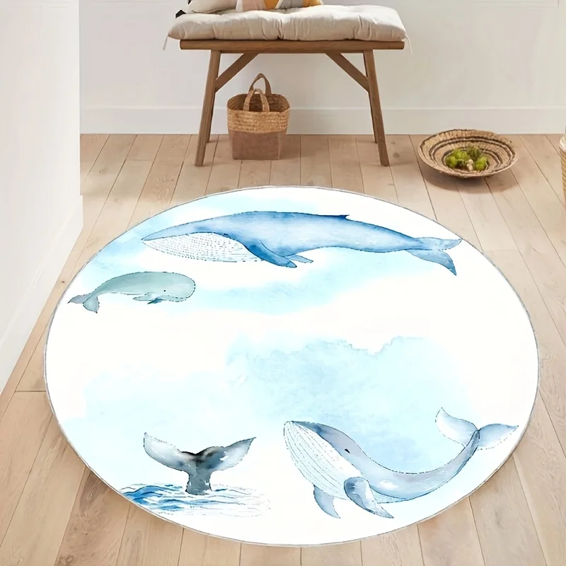 Watercolor Whale Round Rug Blue Ocean Theme Coastal Style Living Room Decorative Floor Mat