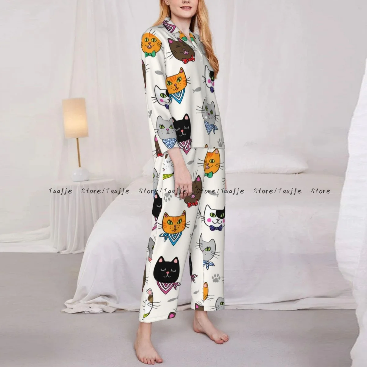 

Women's Pajamas Long-sleeved Girl Loungewear Two-piece Set Funny Hipster Cat Portraits Pajamas for Autumn Spring