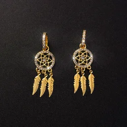 YILUOCD Exquisite Dream Catcher Dangle Earrings for Women Boho Feather Tassels Drop Earrings Geometric AAA Zircon Ear Jewelry