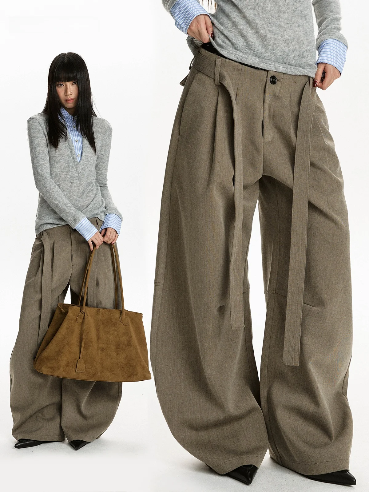 

Женские повседневные брюки Aket в американском стиле, свободного кроя, с драпировкой, универсальные, с плиссированным поясом и декоративным элементом на талии