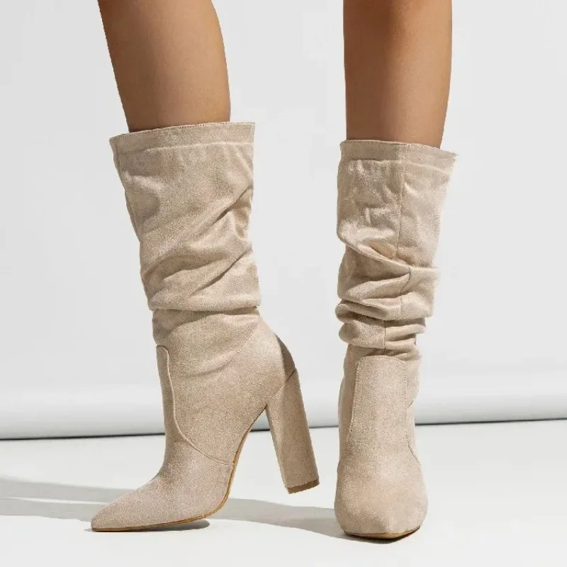 

Autumn Winter Pleated Ankle Boots Women Pointed Toe Square High Heels Shoes Fashion Modern Short Botas Para Mujer