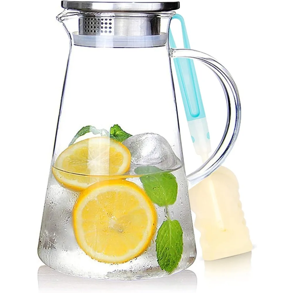 

Glass Pitcher 2.0L/68oz with Lid - Heat Resistant, Easy Clean - Handle & Brush Included - for Water, Iced Tea, Cold Brew, Juice