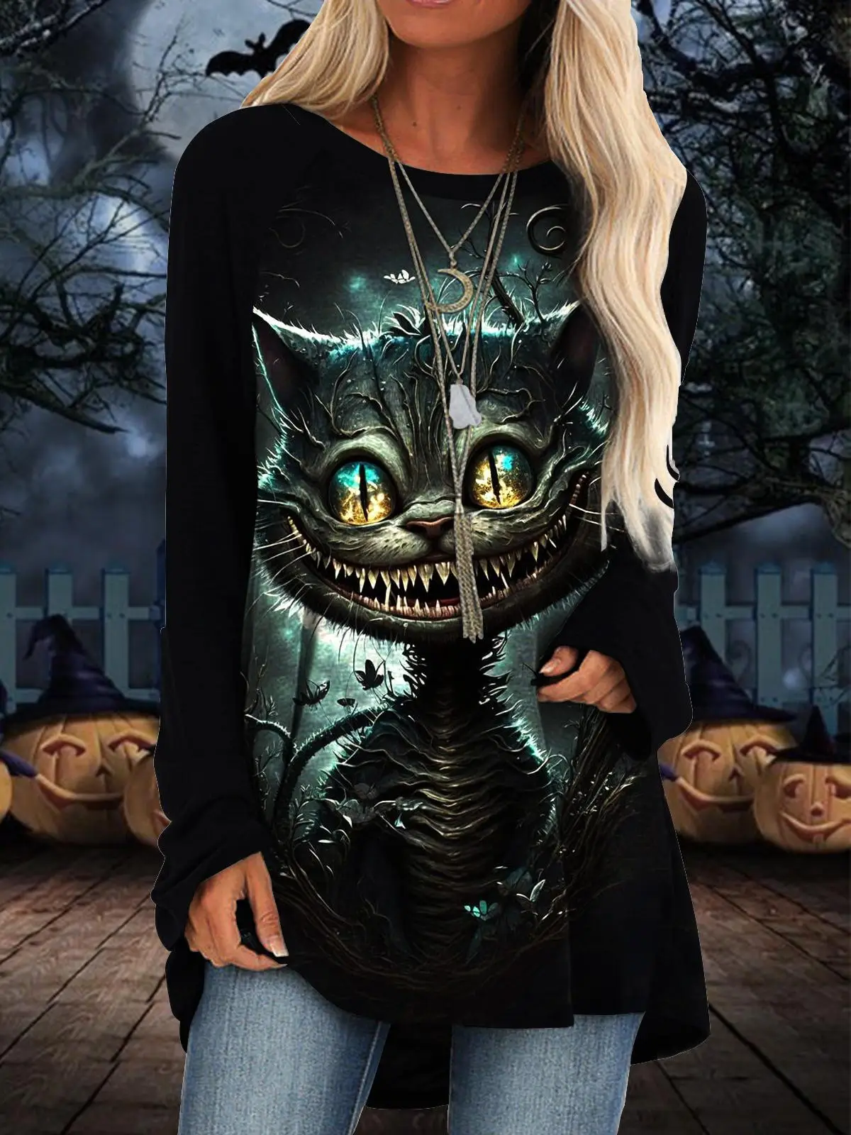 Halloween Women Sweatshirt Designer Round Neck Long Sleeve Loose Casual Fall Fashion Pumpkin Bat Kitten Fun Pattern Print Tops