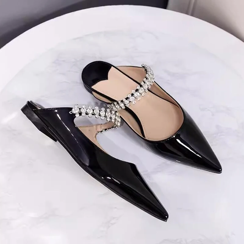 Delicate Rhinestone Belt Sandals for Women Pointed Toe Thin Heel Summer Slippers Patent Leather Flat Low Heel Mules Casual Shoes