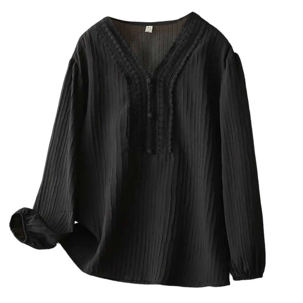 Chaqueta arrugada de Jacquard con cuello en V de encaje para mujer de talla grande, camiseta Joker con temperamento de largo plazo para otoño, moda de talla grande
