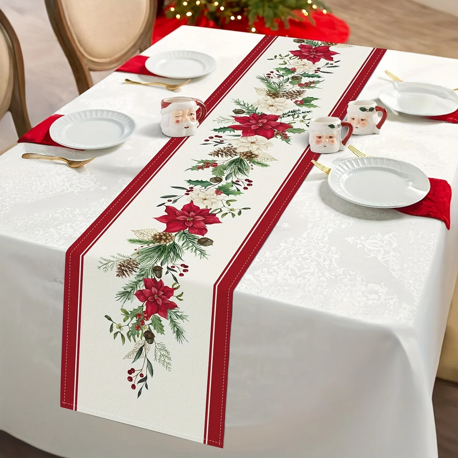 Seasonal Winter Table Runner Highland Cow Santa Hat Xmas Tree Ornament Print Washable Table Runner For Indoor Party Decor