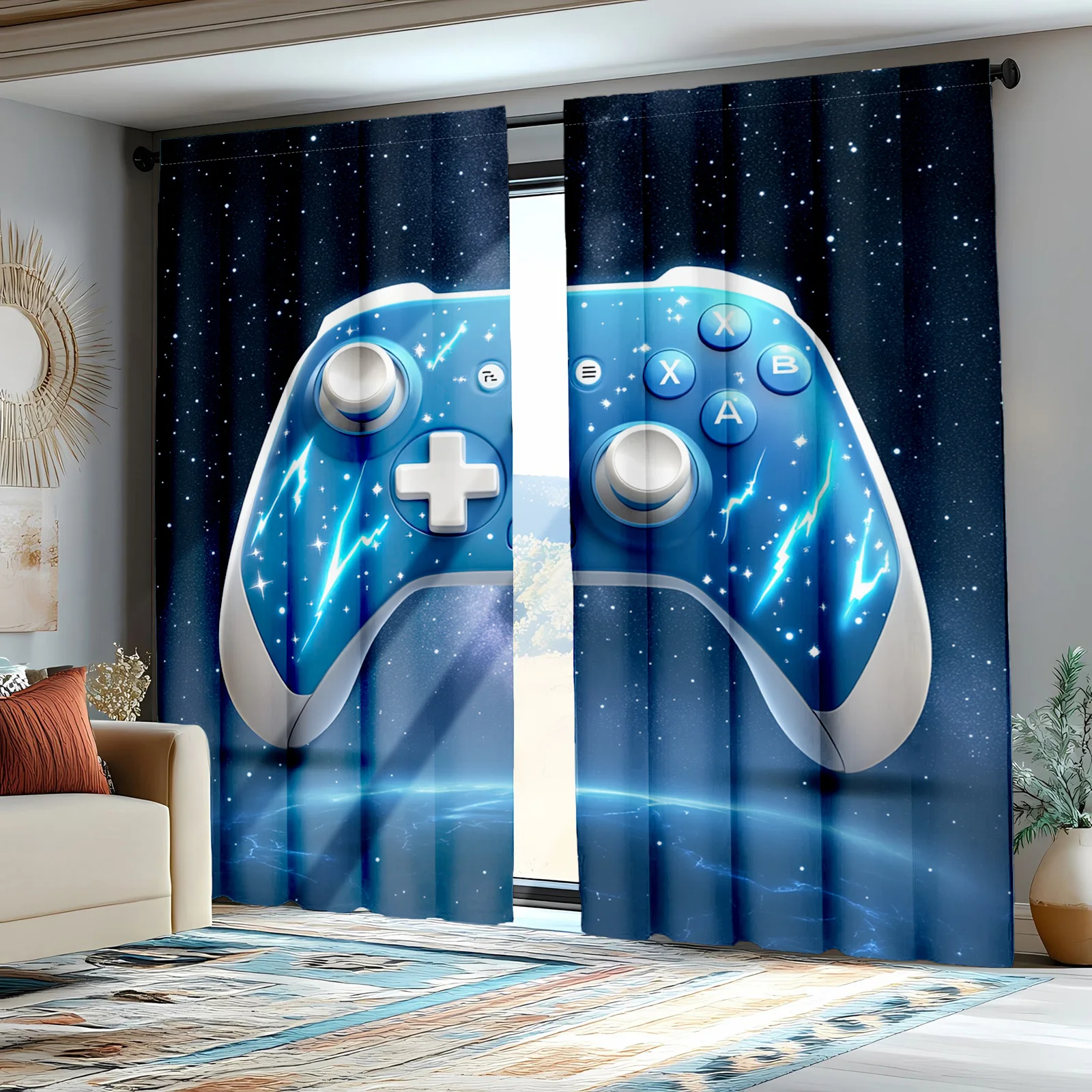 Blue Game Controller Curtains, Electric Lightning Gamer Print Blackout Drapes for Boys Room, Esports Console Video Game Decor
