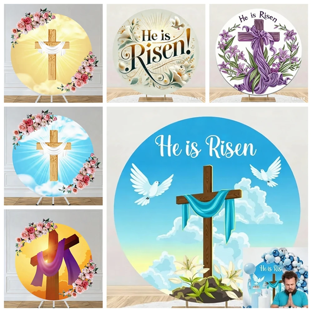 

Round Easter He is Risen Background Wooden Cross Dove Bible Religious Celebration Church Circle Decoration Photography Backdrop