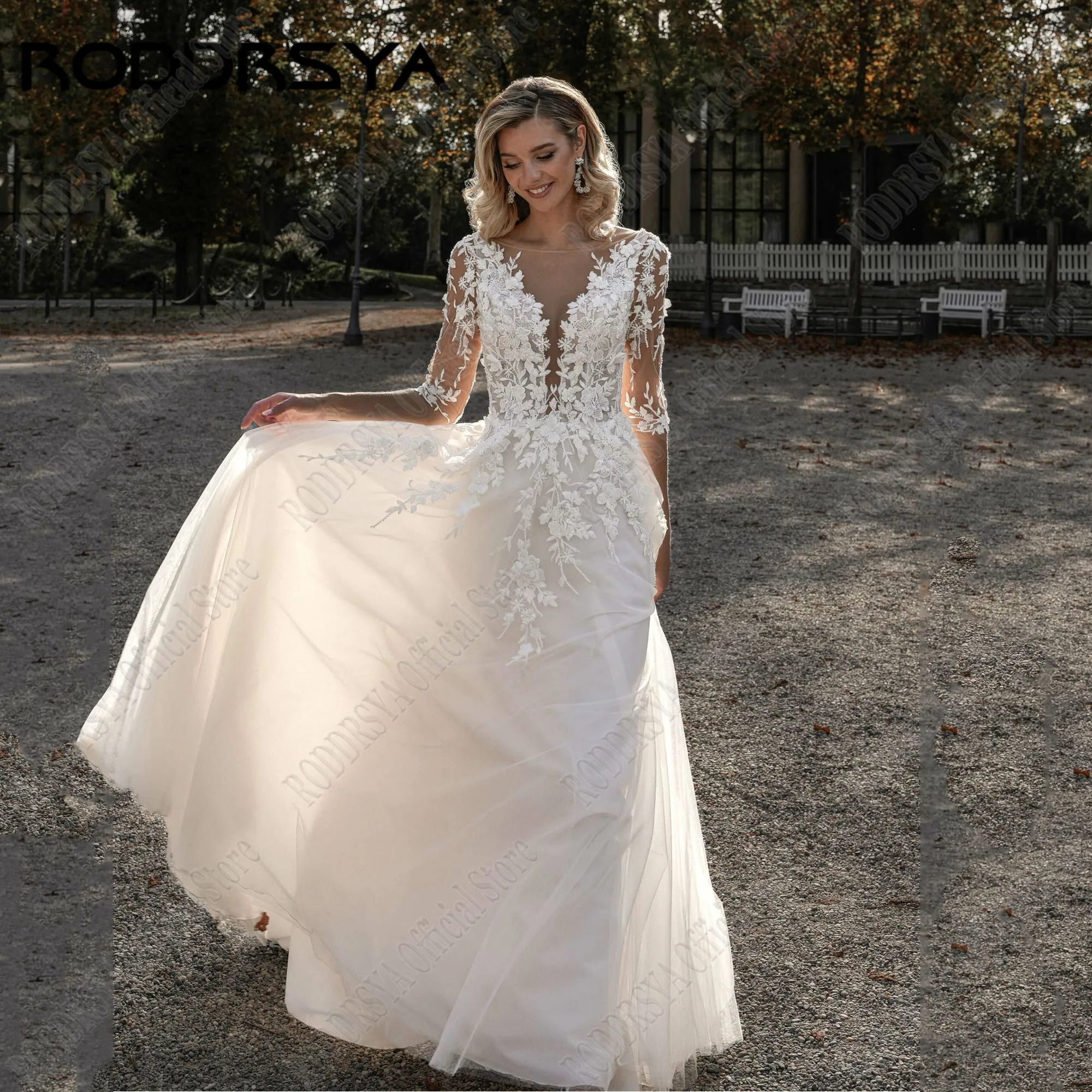 

RODDRSYA Scoop Wedding Dress Bride Luxury 2024 3/4 Sleeves Backless Lace Applique Vestidos De Novia A-Line Tulle Sequin Custom