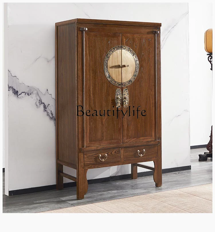 New Chinese Style Wardrobe Solid Wood Antique Simple Bedroom Storage Old Elm Classical Walnut Color