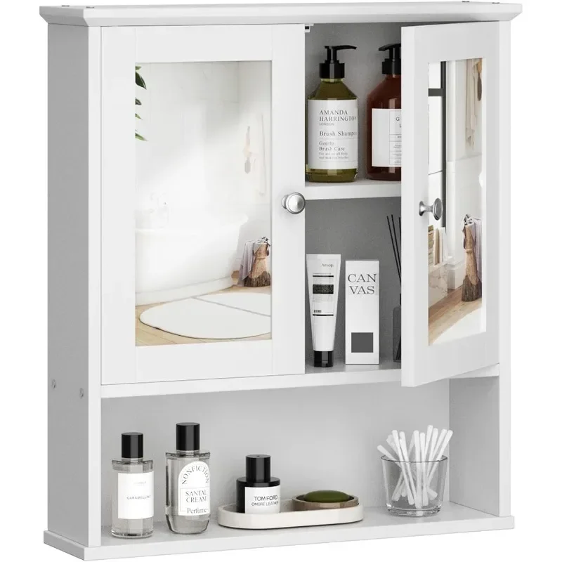 Bathroom Cabinet with Mirror, Wood Medicine Cabinet with Adjustable Shelf, Wall Mount Cabinet Storage, Cupboard, White