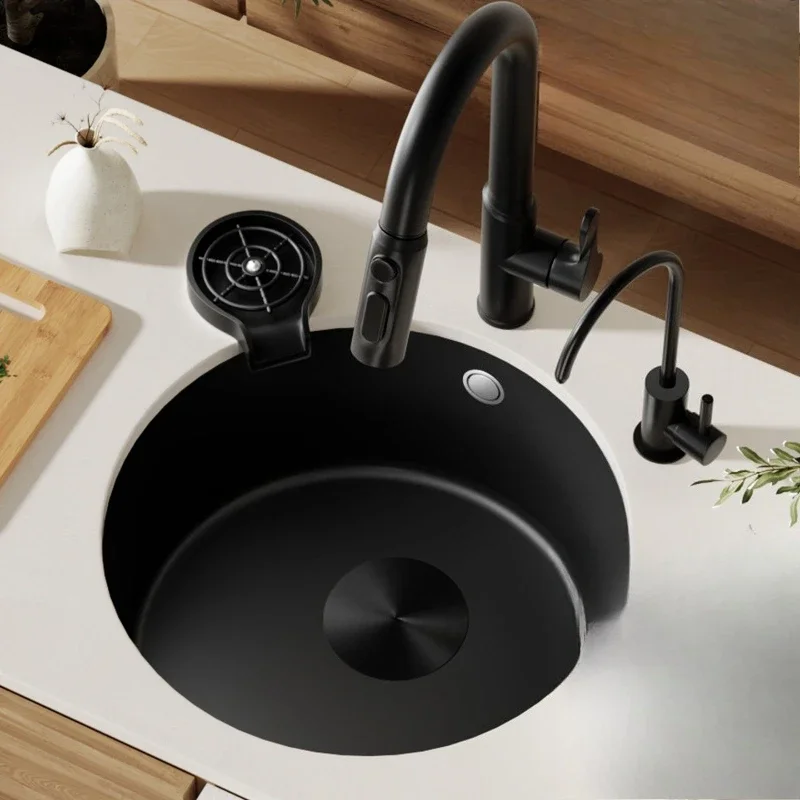 Sink Quartz Stone Round Single Sink Western Kitchen Water Bar Counter Small Vegetable Dishwashing Sink Island Undercounter Basin
