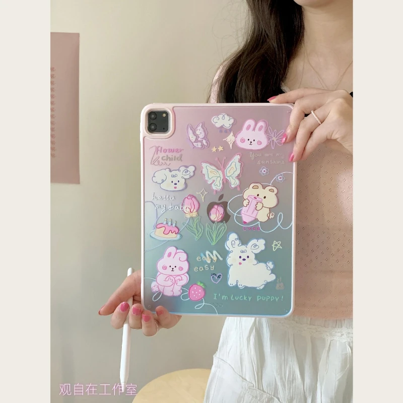 Pink Rabbit Tablet Case For iPad Pro 11 12.9 13 A16 M2 M4 M3 M5 Shell 8.3 9.7 10.2 5/6/7/8/9/10/11th Mini Air 2 3 4 5 6 7 Cover
