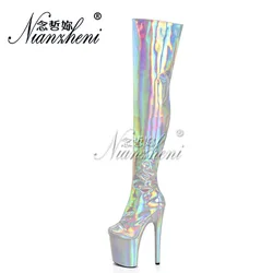 Nightclub Stripper Heels Stage Show Crossdresser 8Inch Silver Over The Knee Boots Gladiator 20cm Women's Shoes Catwalk Round Toe