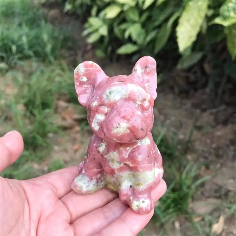 Natural Peach Blossom Tourmaline Cartoon Dog Crystal Animal Carving Healing Fashion Home Decoration Healthy Birthday Gift 1pcs