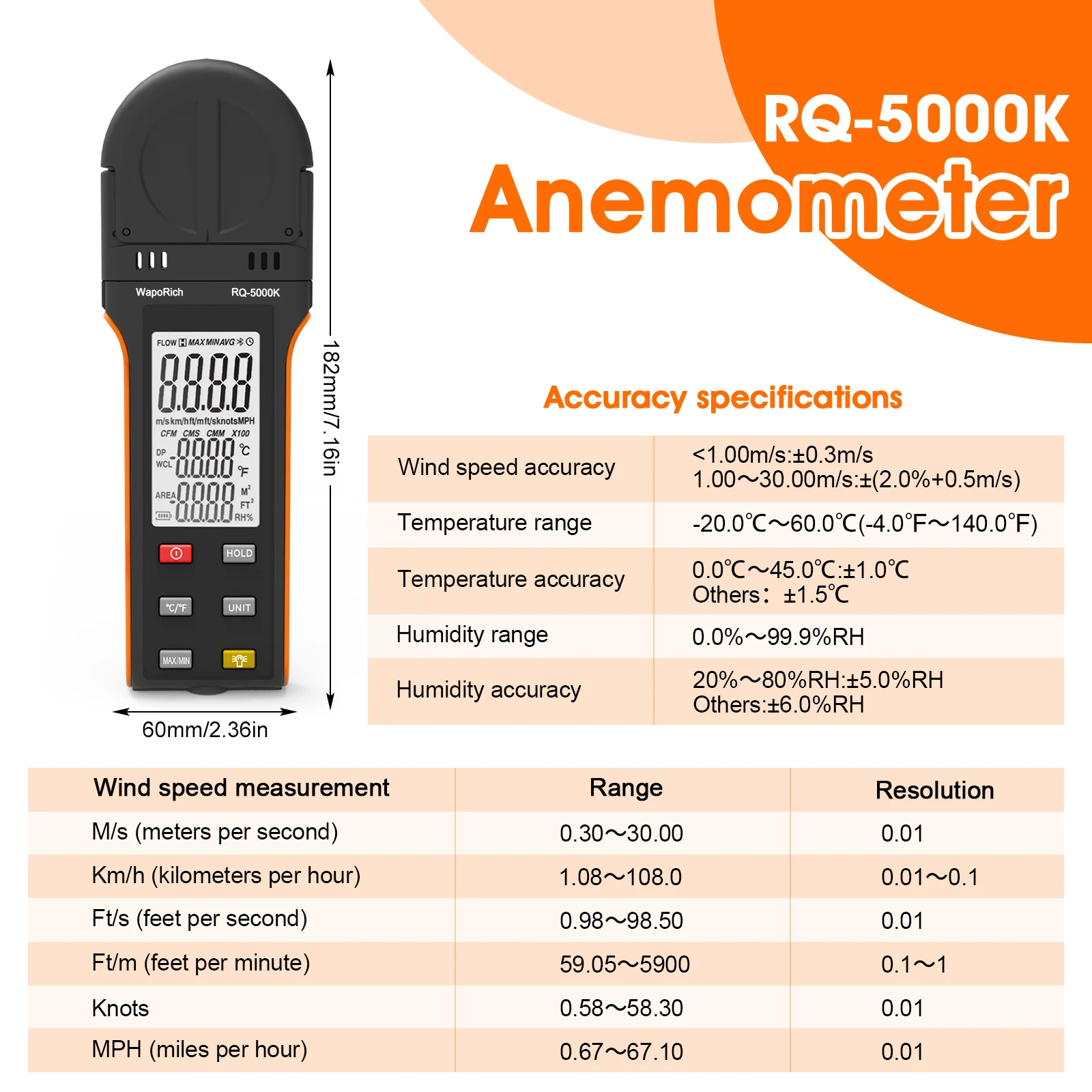 

Anemometer Handheld, Digital Wind Speed Meter Measures Humidity/Temp/Air Speed 0.67～67.10MPH with MAX/MIN/AVG, 6 Wind Units