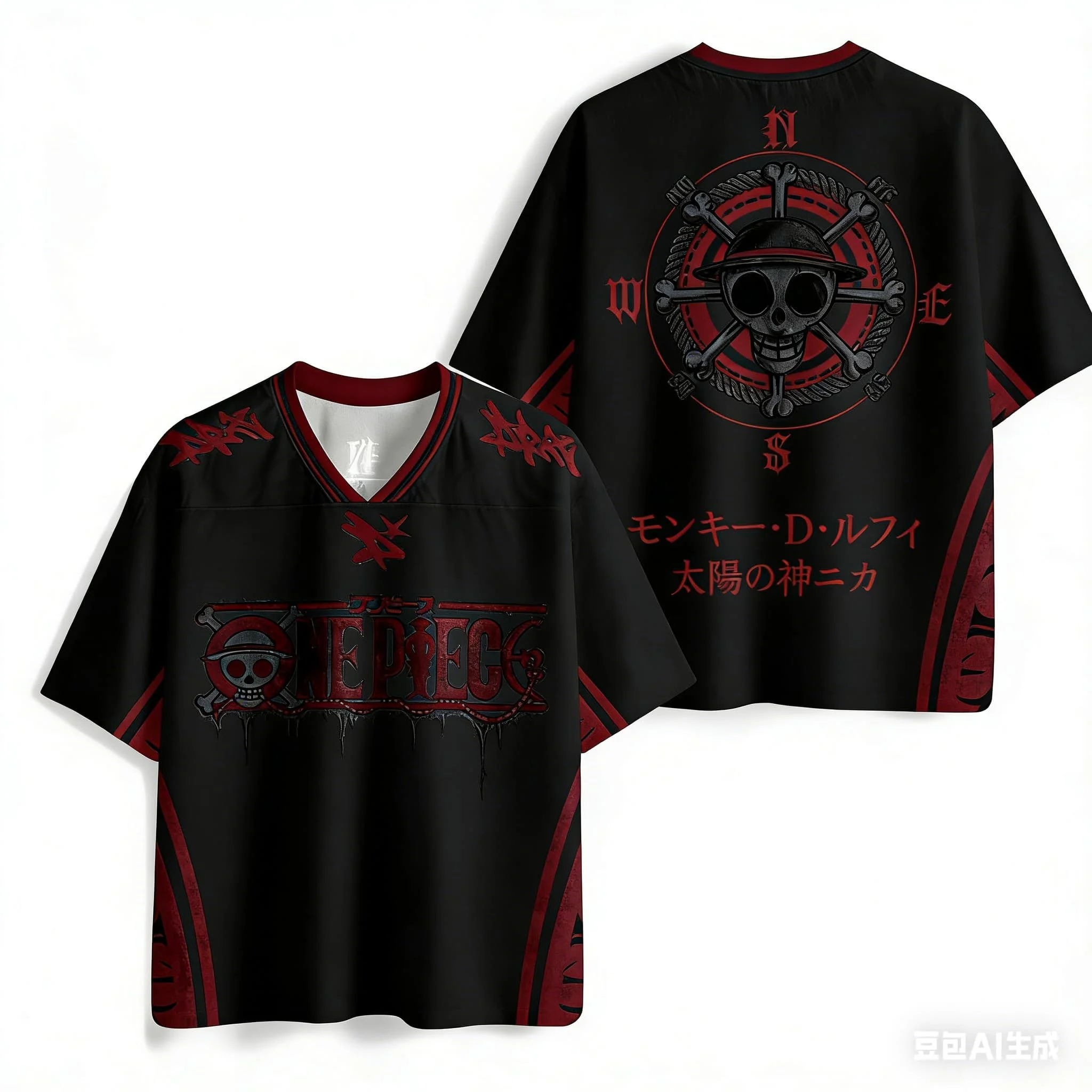 One Piece Luffy Gear 5 Nika Anime-Trikot, Vintage-Kompass-Totenkopf-Print Freizeit-T-Shirt, Schnelltrocknendes Feuchtigkeitsableitendes Oberteil für Erwachsene und Kinder – Detail 7