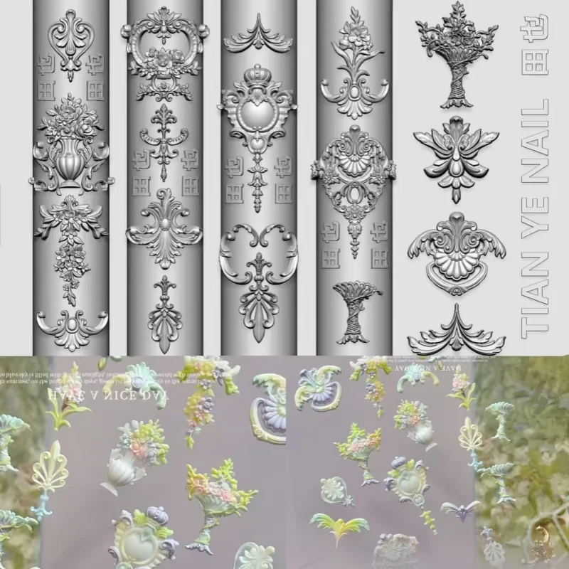 Künstlerische französische Ranken-Blumen-Bankett-Silikonform im europäischen Hofstil Rokoko-Blumenranken 3D-Schnitzerei für Nagelkunst – Detail 4