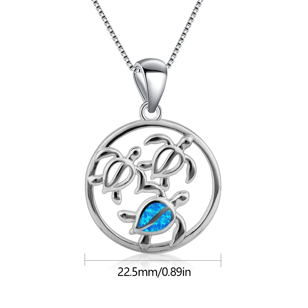 Sea Turtle Pendant Necklace,3 Turtle Design with Blue Opal Gemstone,Silver Color Ocean Theme Jewelry,Minimalist Gift for Women