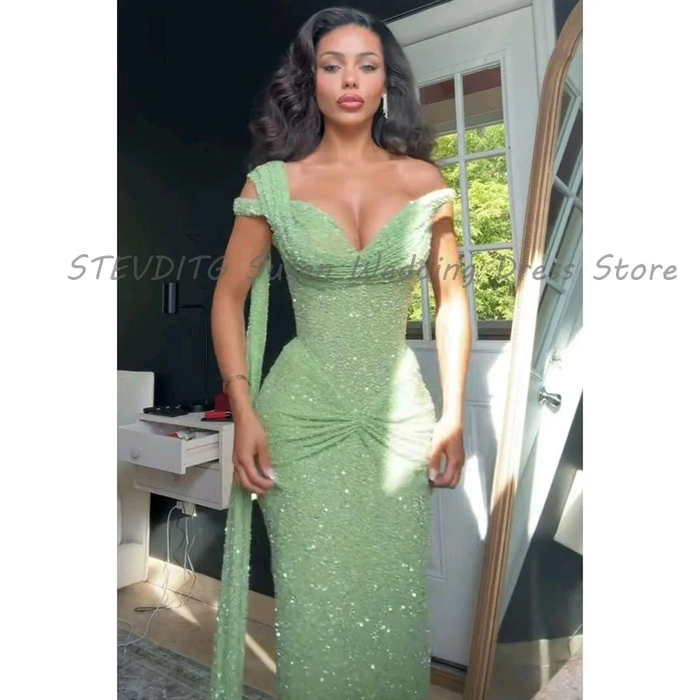 

Sexy Evening Dresses Women Off The Shoulder Mermaid Shine Sequins High Quality Short Sleeves Banquet Celebrity Prom Party Gowns