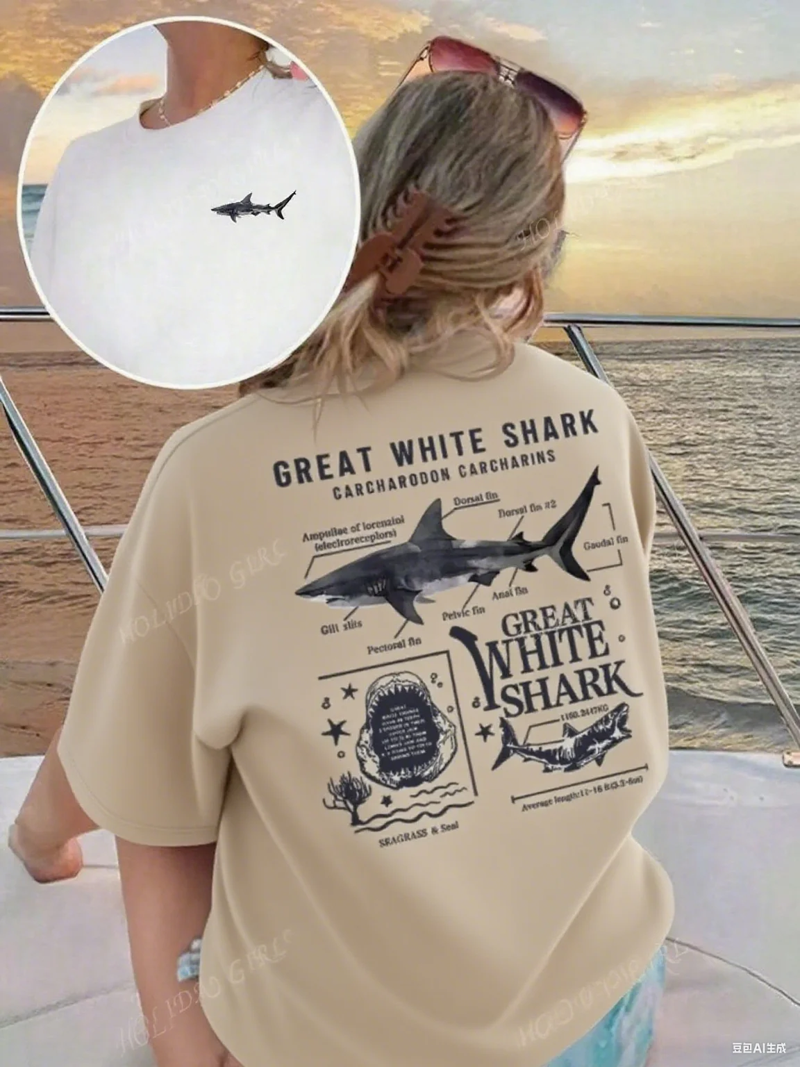 

Cotton T - Shirt with Great White Shark Graphic Scientific Anatomy Print for Marine Enthusiasts Ideal for Ocean - Themed Looks
